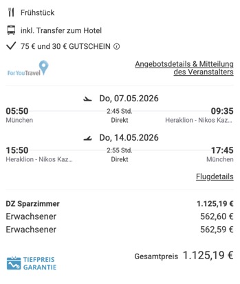 Dieses Angebot ist nur ein Beispiel, Abflughäfen und Reisedaten könnt ihr ganz einfach unter "𝗭𝗨𝗠 𝗗𝗘𝗔𝗟" individuell einstellen. Reisepreise, vor allem bei Lastminute-Abreisen, können sich außerdem rasant ändern; sollte dieser Dealpreis nicht mehr verfügbar sein, dann zeigt euch unser System automatisch den neuen Bestpreis an. 😊