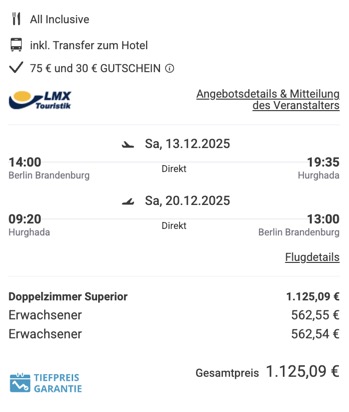 Dieses Angebot ist nur ein Beispiel, Abflughäfen und Reisedaten könnt ihr ganz einfach unter "𝗭𝗨𝗠 𝗗𝗘𝗔𝗟" individuell einstellen. Reisepreise, vor allem bei Lastminute-Abreisen, können sich außerdem rasant ändern; sollte dieser Dealpreis nicht mehr verfügbar sein, dann zeigt euch unser System automatisch den neuen Bestpreis an. 😊