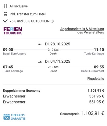 Dieses Angebot ist nur ein Beispiel, Abflughäfen und Reisedaten könnt ihr ganz einfach unter "𝗭𝗨𝗠 𝗗𝗘𝗔𝗟" individuell einstellen. Reisepreise, vor allem bei Lastminute-Abreisen, können sich außerdem rasant ändern; sollte dieser Dealpreis nicht mehr verfügbar sein, dann zeigt euch unser System automatisch den neuen Bestpreis an. 😊