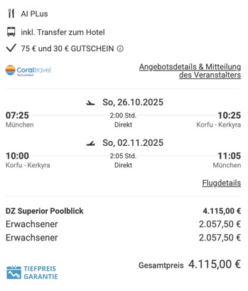 Dieses Angebot ist nur ein Beispiel, Abflughäfen und Reisedaten könnt ihr ganz einfach unter "𝗭𝗨𝗠 𝗗𝗘𝗔𝗟" individuell einstellen. Reisepreise können sich außerdem rasant ändern; sollte dieser Dealpreis nicht mehr verfügbar sein, dann zeigt euch unser System automatisch den neuen Bestpreis an. 😊