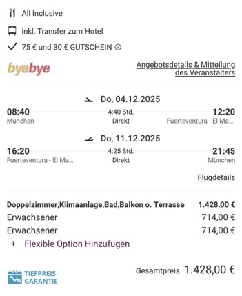 Dieses Angebot ist nur ein Beispiel, Abflughäfen und Reisedaten könnt ihr ganz einfach unter "𝗭𝗨𝗠 𝗗𝗘𝗔𝗟" individuell einstellen. Reisepreise, vor allem bei Lastminute-Abreisen, können sich außerdem rasant ändern; sollte dieser Dealpreis nicht mehr verfügbar sein, dann zeigt euch unser System automatisch den neuen Bestpreis an. 😊