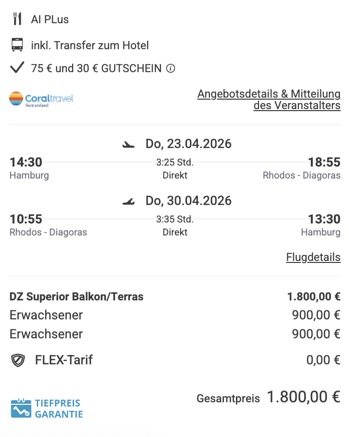 Dieses Angebot ist nur ein Beispiel, Abflughäfen und Reisedaten könnt ihr ganz einfach unter "𝗭𝗨𝗠 𝗗𝗘𝗔𝗟" individuell einstellen. Reisepreise, vor allem bei Lastminute-Abreisen, können sich außerdem rasant ändern; sollte dieser Dealpreis nicht mehr verfügbar sein, dann zeigt euch unser System automatisch den neuen Bestpreis an.