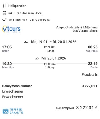 Dieses Angebot ist nur ein Beispiel, Abflughäfen und Reisedaten könnt ihr ganz einfach unter "𝗭𝗨𝗠 𝗗𝗘𝗔𝗟" individuell einstellen. Reisepreise, vor allem bei Lastminute-Abreisen, können sich außerdem rasant ändern; sollte dieser Dealpreis nicht mehr verfügbar sein, dann zeigt euch unser System automatisch den neuen Bestpreis an. 😊
