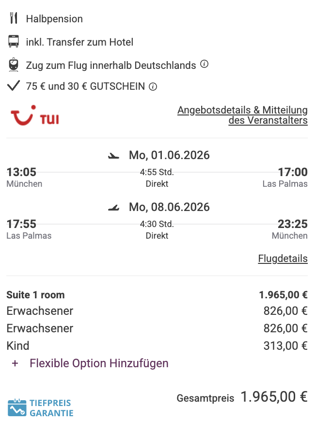 Dieses Angebot ist nur ein Beispiel, Abflughäfen und Reisedaten könnt ihr ganz einfach unter "𝗭𝗨𝗠 𝗗𝗘𝗔𝗟" individuell einstellen. Reisepreise, vor allem bei Lastminute-Abreisen, können sich außerdem rasant ändern; sollte dieser Dealpreis nicht mehr verfügbar sein, dann zeigt euch unser System automatisch den neuen Bestpreis an. 😊