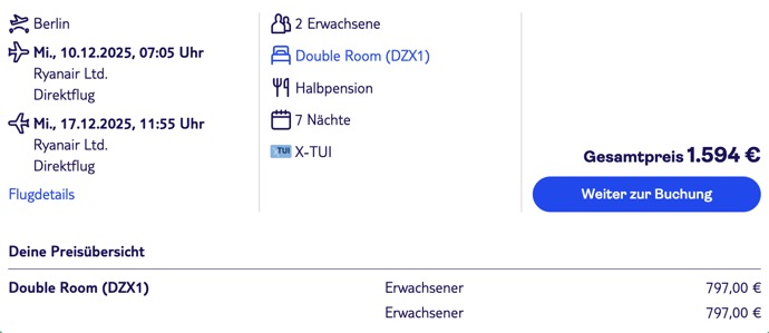 Dieses Angebot ist nur ein Beispiel, Abflughäfen und Reisedaten könnt ihr ganz einfach unter "𝗭𝗨𝗠 𝗗𝗘𝗔𝗟" individuell einstellen. Reisepreise, vor allem bei Lastminute-Abreisen, können sich außerdem rasant ändern; sollte dieser Dealpreis nicht mehr verfügbar sein, dann zeigt euch unser System automatisch den neuen Bestpreis an.