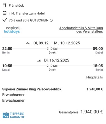 Dieses Angebot ist nur ein Beispiel, Abflughäfen und Reisedaten könnt ihr ganz einfach unter "𝗭𝗨𝗠 𝗗𝗘𝗔𝗟" individuell einstellen. Reisepreise, vor allem bei Lastminute-Abreisen, können sich außerdem rasant ändern; sollte dieser Dealpreis nicht mehr verfügbar sein, dann zeigt euch unser System automatisch den neuen Bestpreis an. 😊