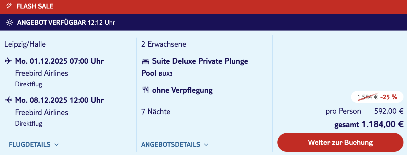 Dieses Angebot ist nur ein Beispiel, Abflughäfen und Reisedaten könnt ihr ganz einfach unter "𝗭𝗨𝗠 𝗗𝗘𝗔𝗟" individuell einstellen. Reisepreise, vor allem bei Lastminute-Abreisen, können sich außerdem rasant ändern; sollte dieser Dealpreis nicht mehr verfügbar sein, dann zeigt euch unser System automatisch den neuen Bestpreis an. 😊