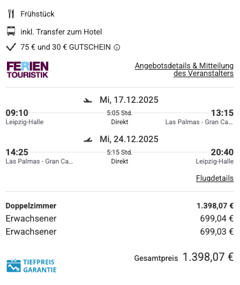 Dieses Angebot ist nur ein Beispiel, Abflughäfen und Reisedaten könnt ihr ganz einfach unter "𝗭𝗨𝗠 𝗗𝗘𝗔𝗟" individuell einstellen. Reisepreise, vor allem bei Lastminute-Abreisen, können sich außerdem rasant ändern; sollte dieser Dealpreis nicht mehr verfügbar sein, dann zeigt euch unser System automatisch den neuen Bestpreis an. 😊