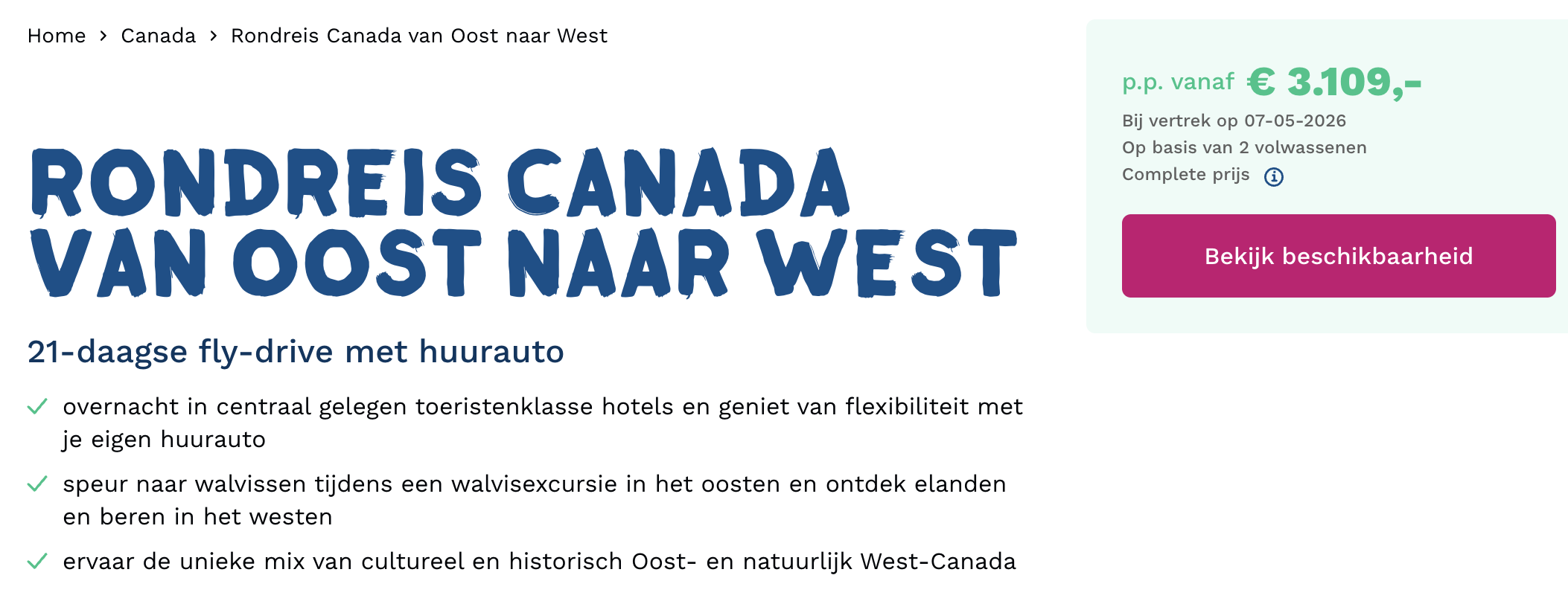 Rondreis Canada oost naar west