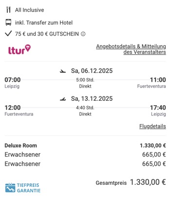 Dieses Angebot ist nur ein Beispiel, Abflughäfen und Reisedaten könnt ihr ganz einfach unter "𝗭𝗨𝗠 𝗗𝗘𝗔𝗟" individuell einstellen. Reisepreise, vor allem bei Lastminute-Abreisen, können sich außerdem rasant ändern; sollte dieser Dealpreis nicht mehr verfügbar sein, dann zeigt euch unser System automatisch den neuen Bestpreis an. 😊