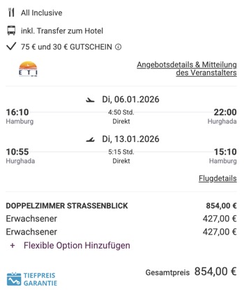Dieses Angebot ist nur ein Beispiel, Abflughäfen und Reisedaten könnt ihr ganz einfach unter "𝗭𝗨𝗠 𝗗𝗘𝗔𝗟" individuell einstellen. Reisepreise, vor allem bei Lastminute-Abreisen, können sich außerdem rasant ändern; sollte dieser Dealpreis nicht mehr verfügbar sein, dann zeigt euch unser System automatisch den neuen Bestpreis an. 😊