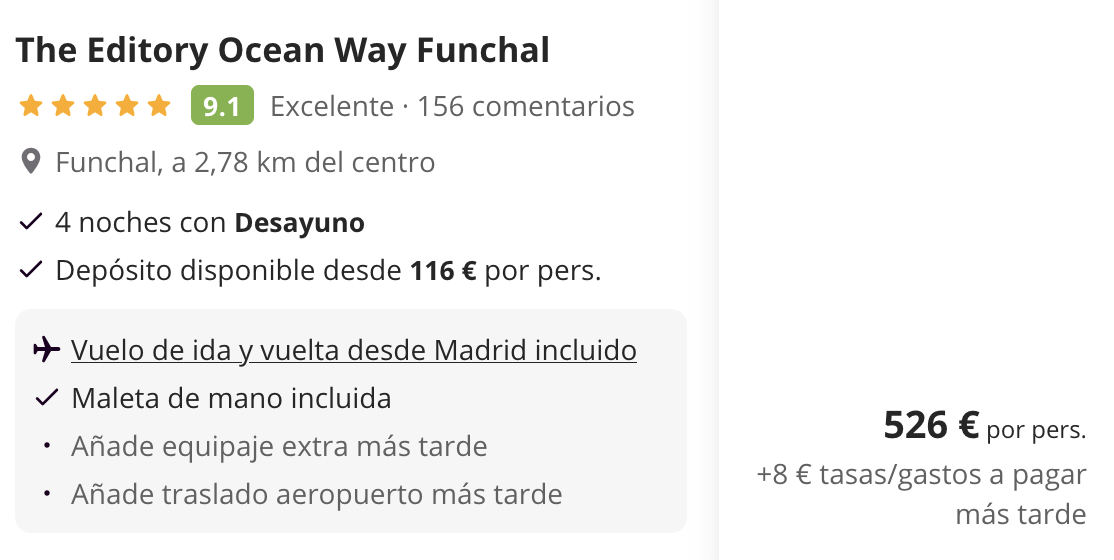 Oferta 💚 Viaje de LUJO a Madeira con desayunos
