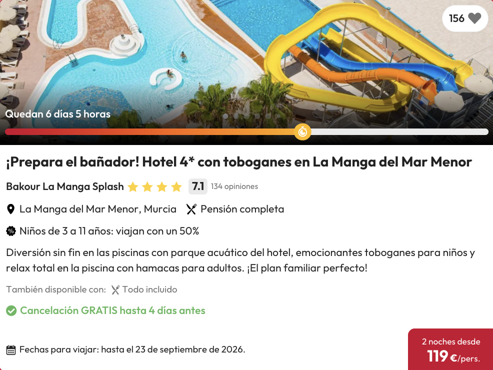 Oferta 2 noches con Pensión Completa y toboganes en La Manga 🏝️