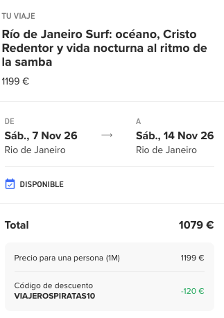 Oferta 🇧🇷 ¡8 días en Río Janeiro con clases de surf, samba y más!