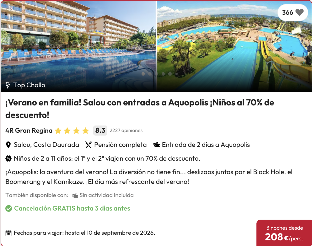 Oferta Escapada 4* a Salou con Pensión Completa y entrada a Aquopolis 🛝