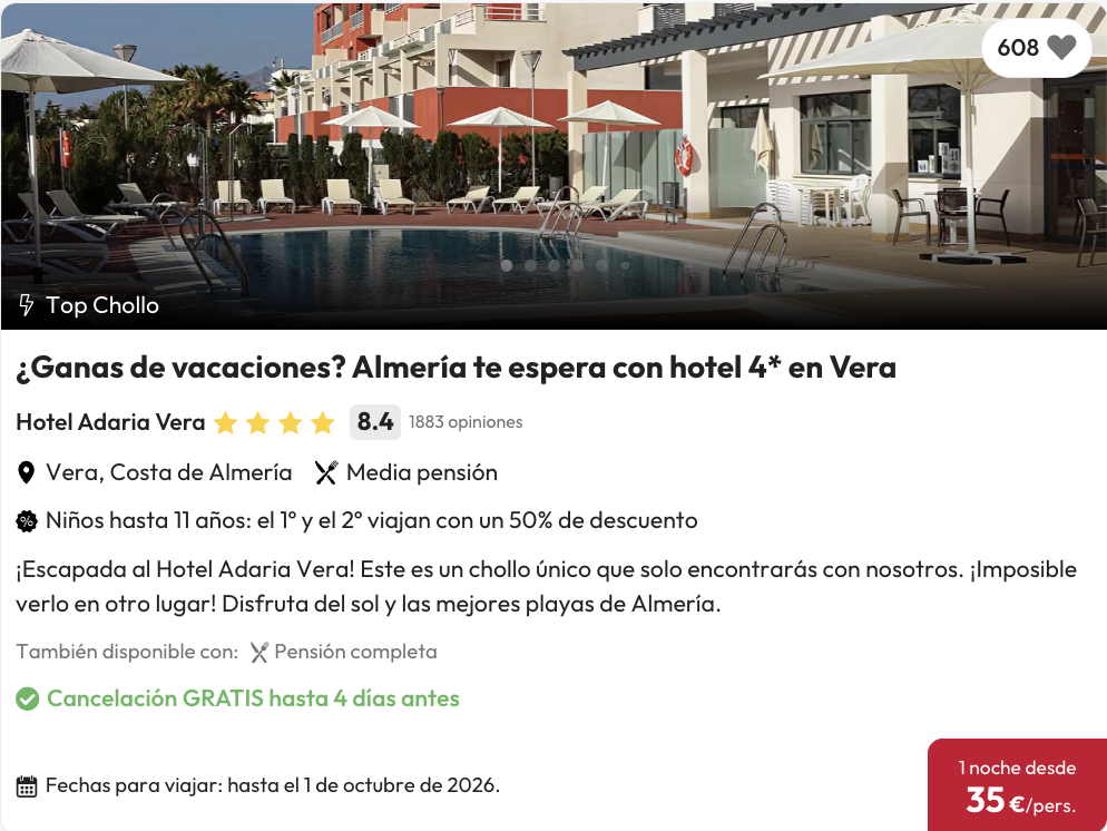 Oferta Vacaciones 4* en la Costa de Almería con media pensión 🍍