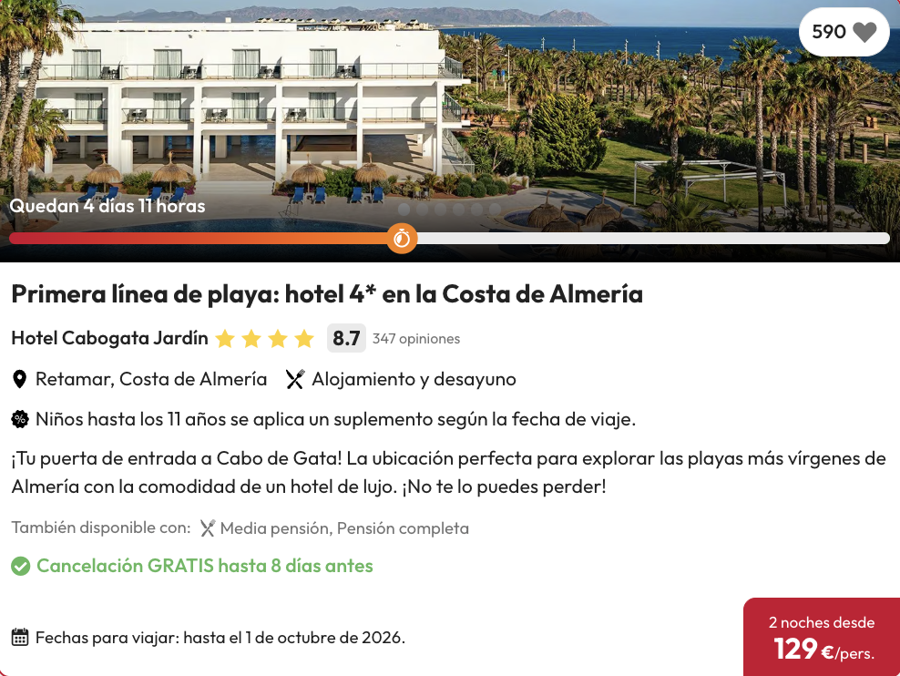 Oferta Hotel 4* con desayunos y toboganes en Almería 🐟 2 noches