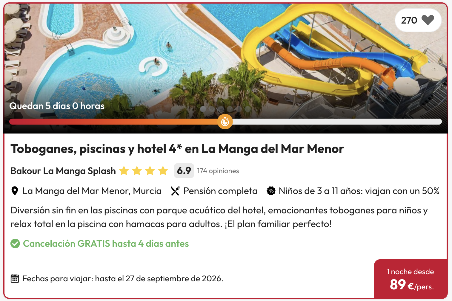 Oferta Pensión Completa y toboganes en La Manga 🏝️ 